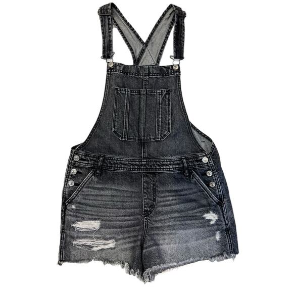 Abercrombie & Fitch Distressed Oversized Denim Short Overalls Washed Black Small - Picture 5 of 14